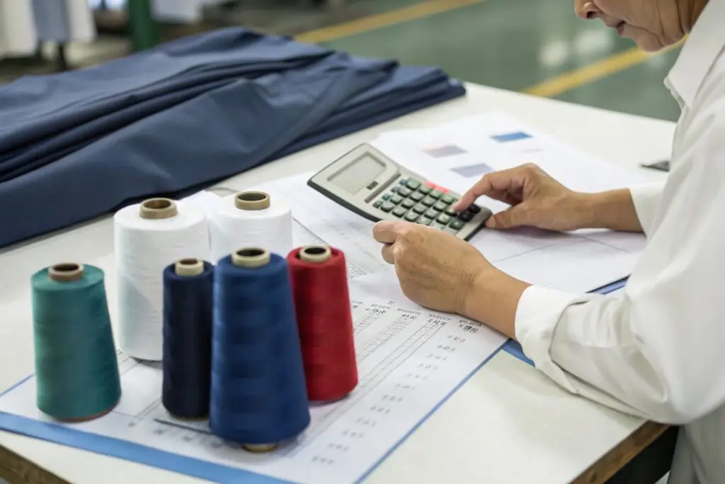 Person calculating fabric cost in garment factory