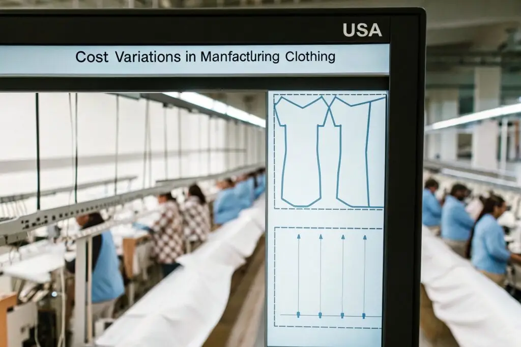 A factory production line with workers assembling garments, alongside a digital display analyzing clothing manufacturing cost variations.