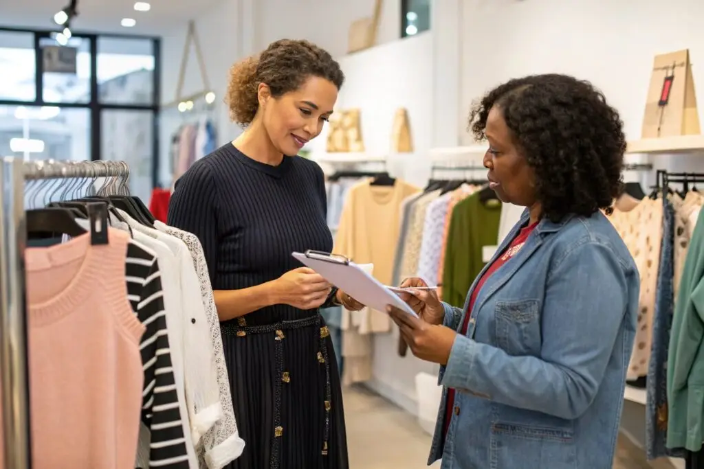 Fashion retailer discussing inventory and orders