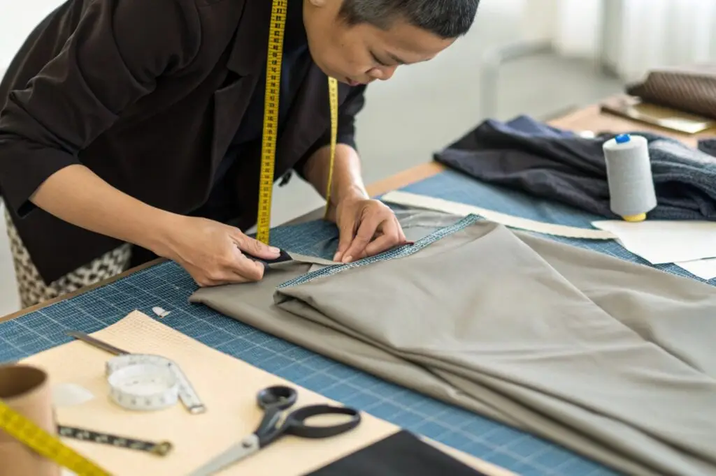 Tailor measuring and cutting fabric for garment production