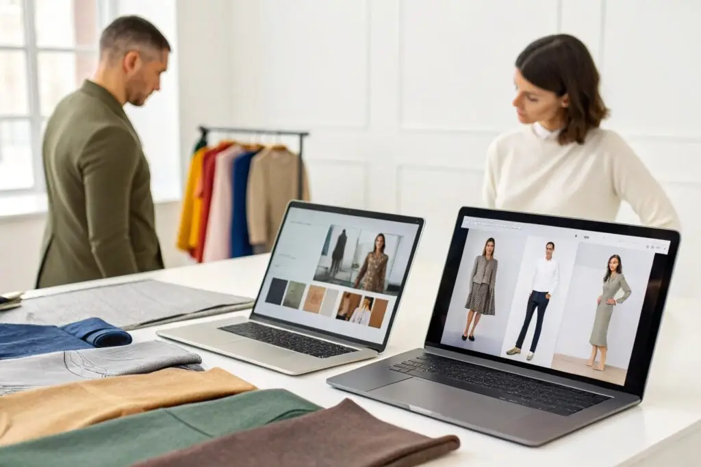 Fashion business team reviewing clothing collections on laptops and garment samples in the office