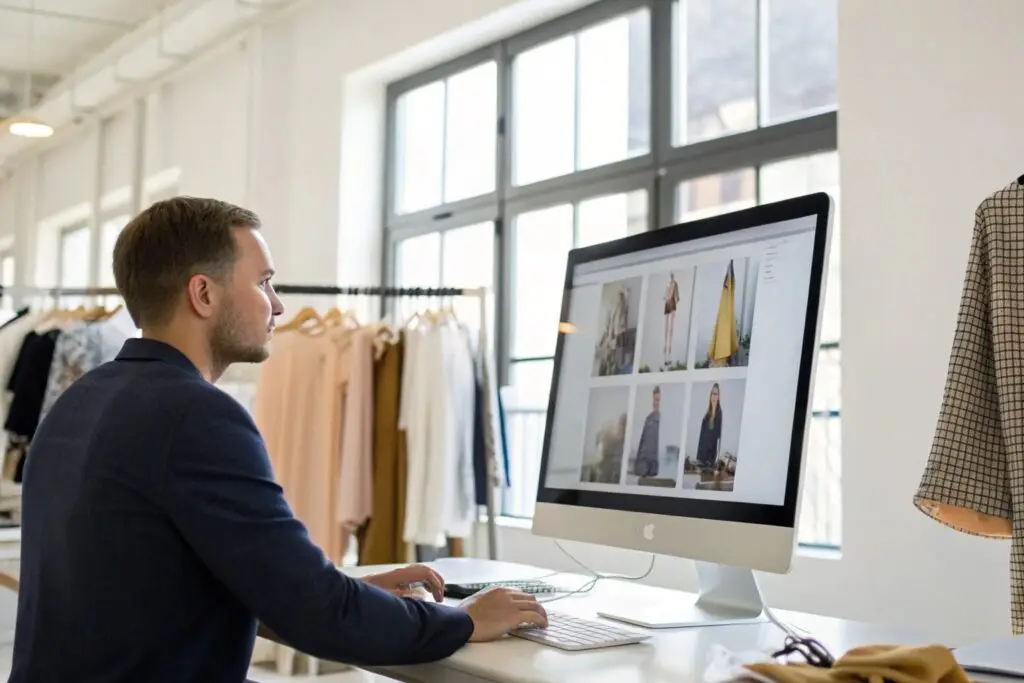 Fashion buyer analyzing garment supplier listings on a computer, reviewing clothing styles