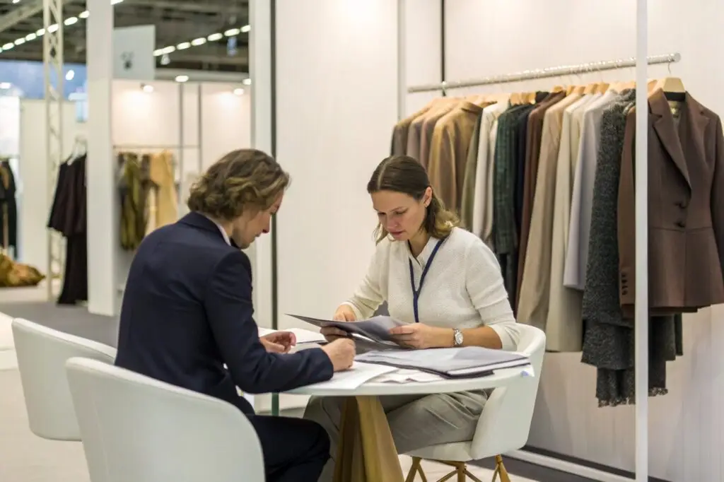 Business meeting at a fashion trade show with clothing samples
