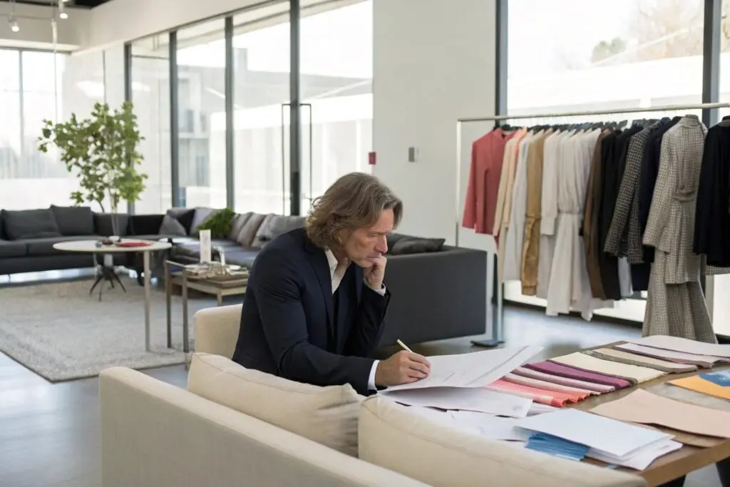 Fashion executive reviewing documents with fabric samples in bright showroom