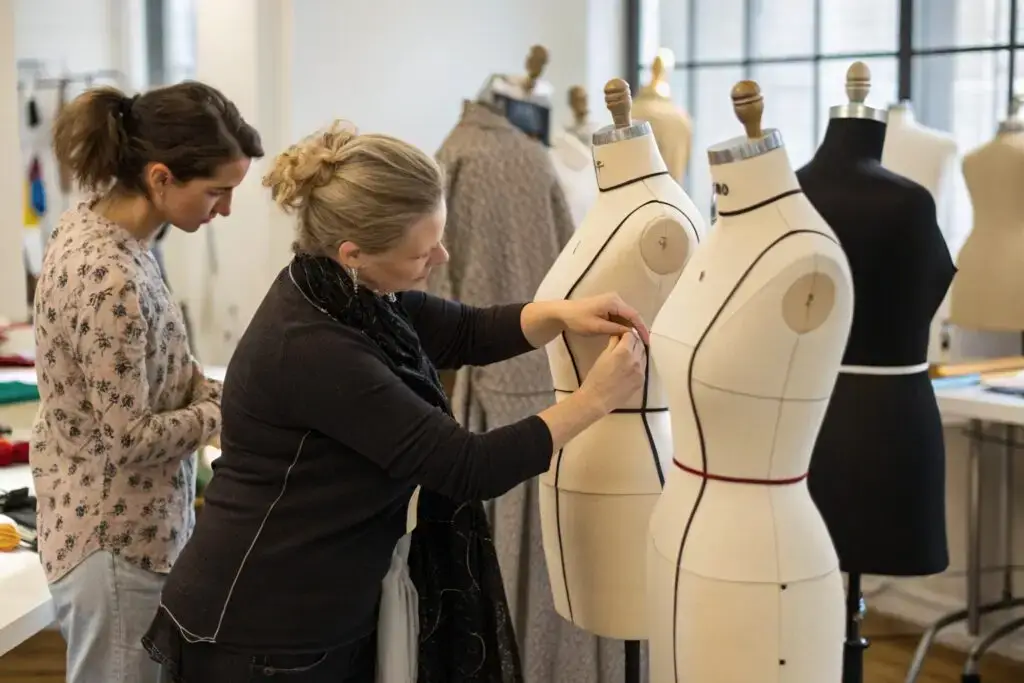 a fashion design studio showing multiple fit model mannequins and designers at work