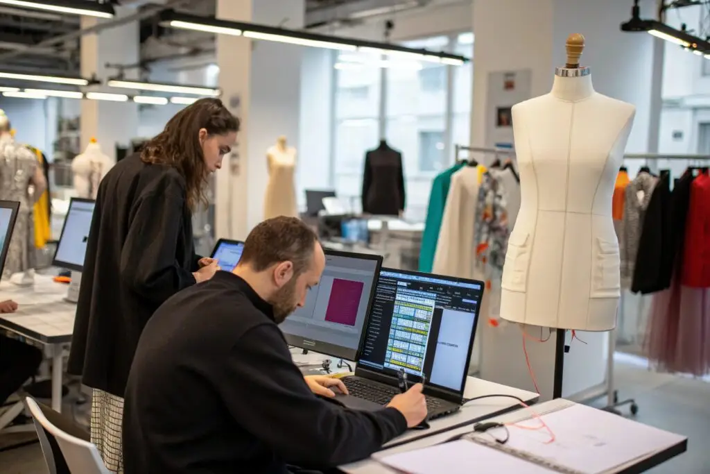Fashion designers working on digital garment patterns