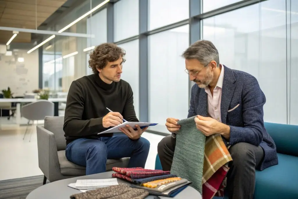 Fashion designer discussing fabric selection with manufacturer