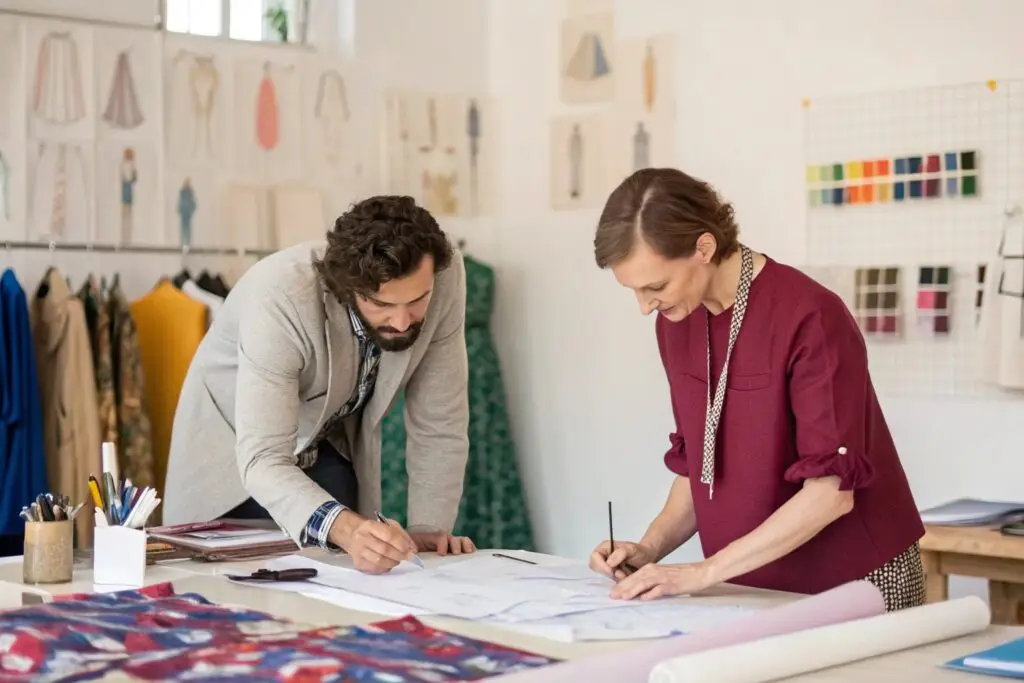 Fashion designer and manufacturer collaborating on sketches and fabric samples