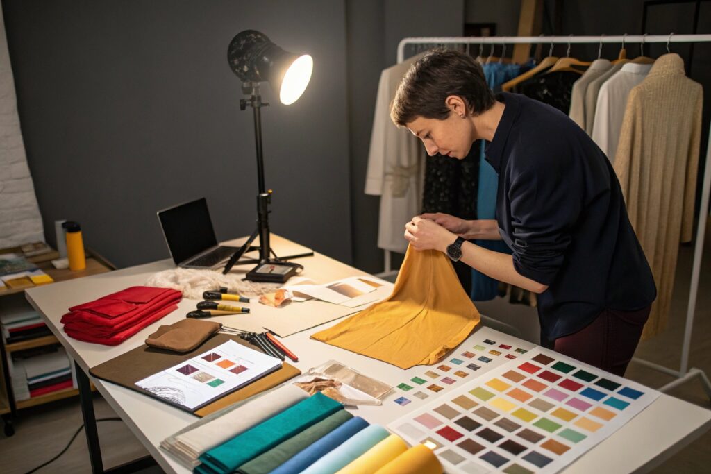 Fashion designer examining fabric sample under studio light