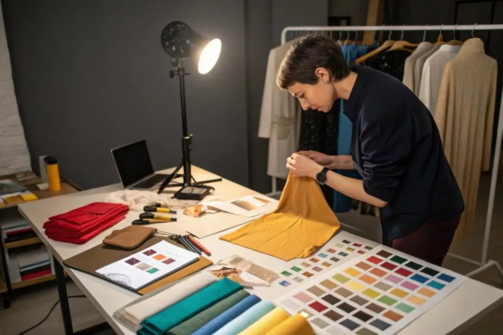 Fashion designer examining fabric sample under studio light