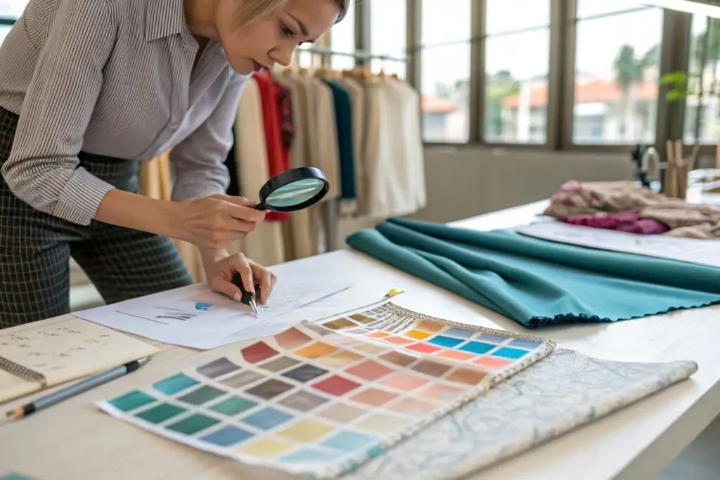 Fashion designer inspecting fabric samples, quality check