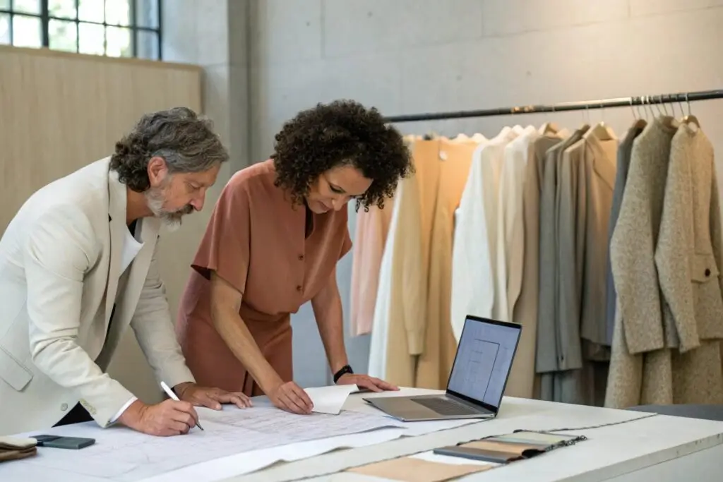 Fashion designers collaborating over garment blueprints
