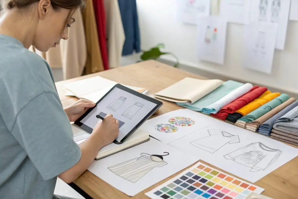 Fashion designer reviewing digital sketches for apparel