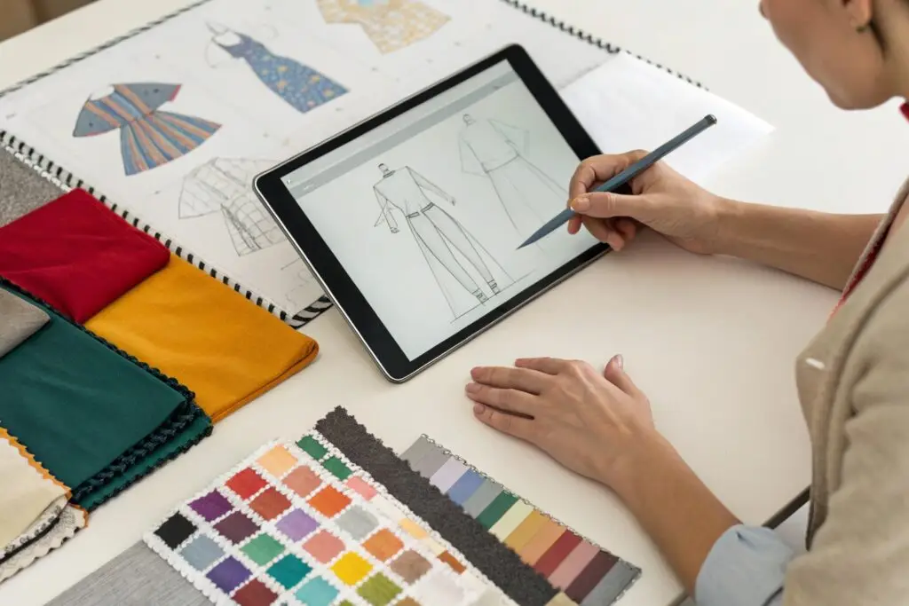 Fashion designer sketching clothing designs on a digital tablet with fabric samples