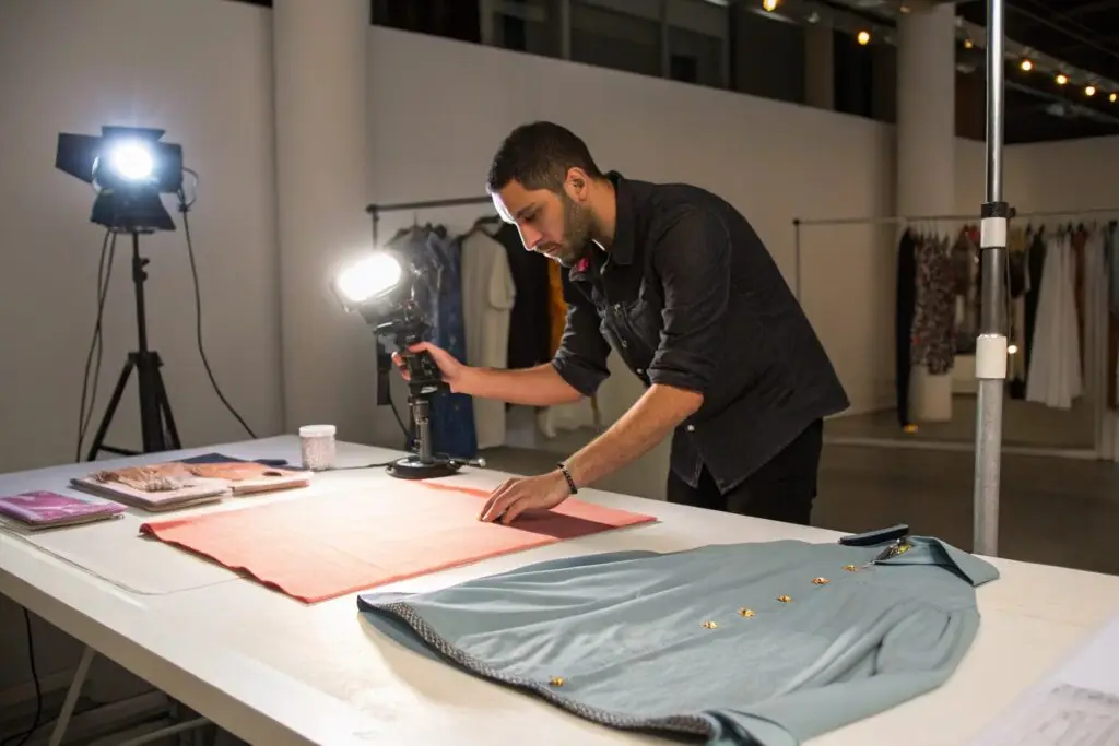 Fashion designer styling garments for a photoshoot