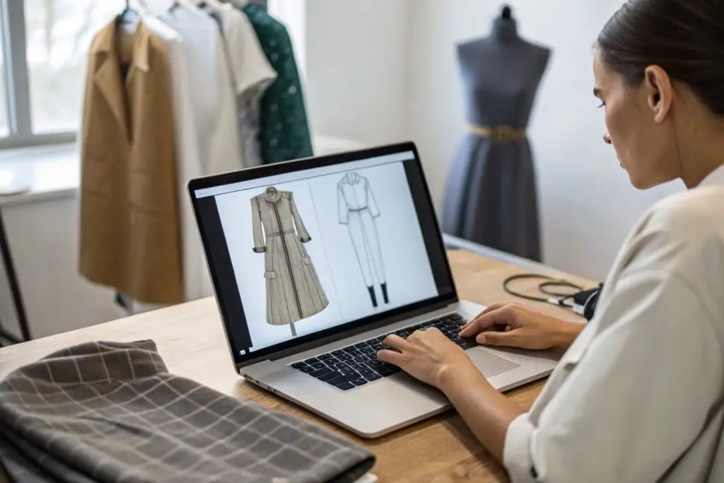 Fashion designer using technology for 3D modeling clothing designs