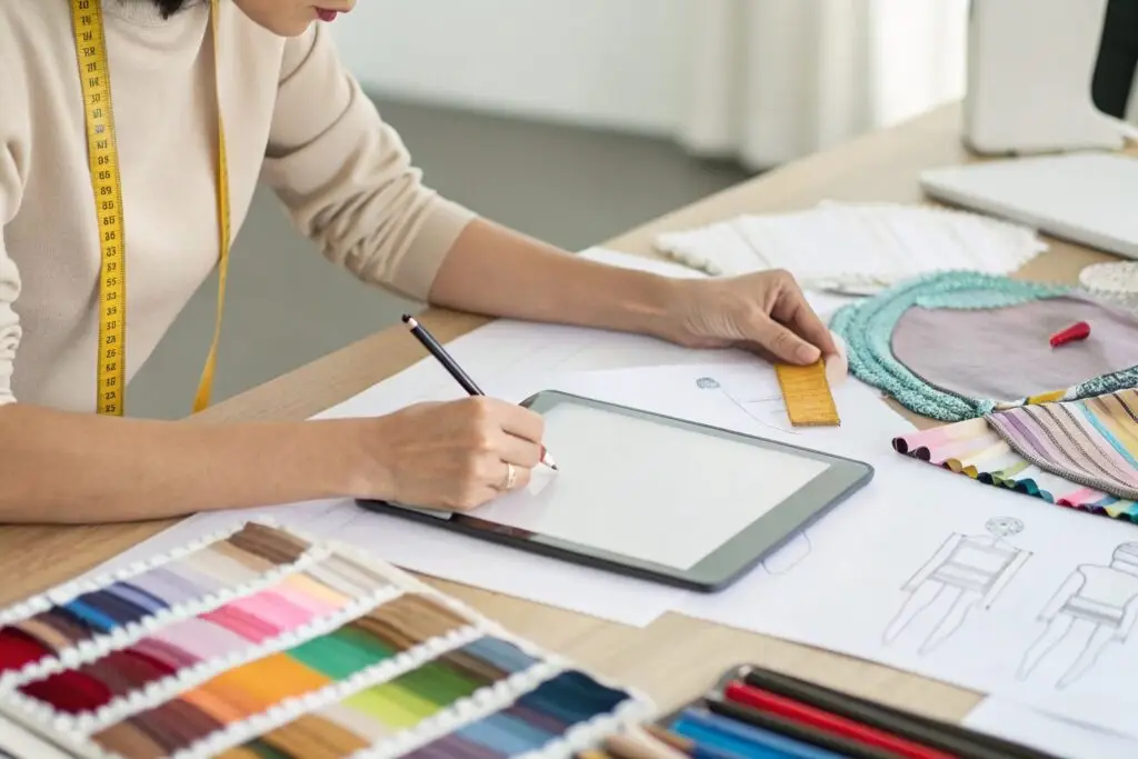 A fashion designer working at a desk, sketching clothing designs with fabric swatches