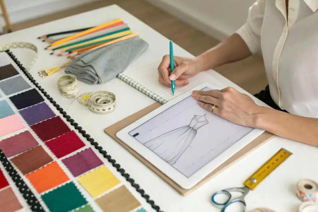 A fashion designer sketching a gown on a tablet, surrounded by fabric swatches and design tools