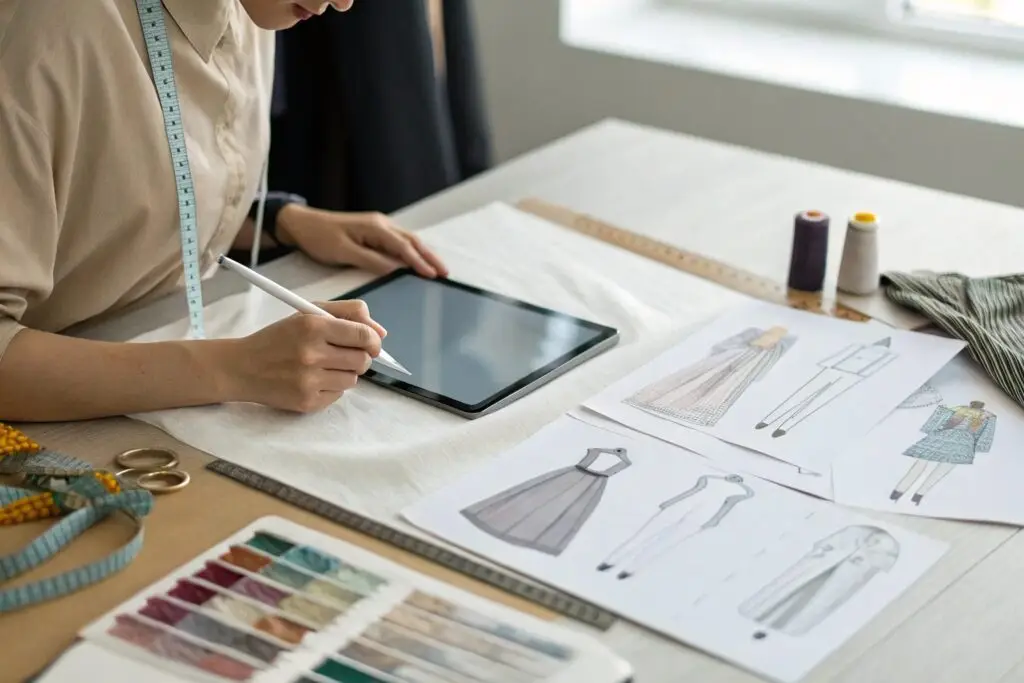Fashion designer working at a desk, sketching new clothing designs
