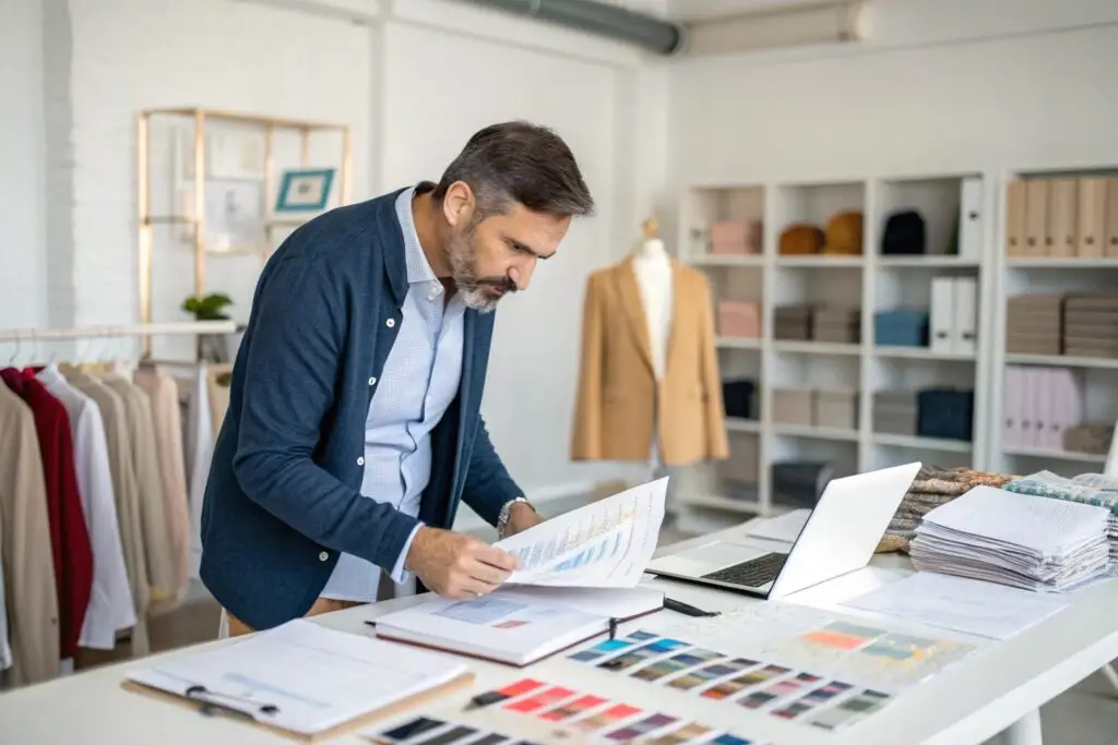 fashion entrepreneur reviewing cost breakdown and fabric samples at office