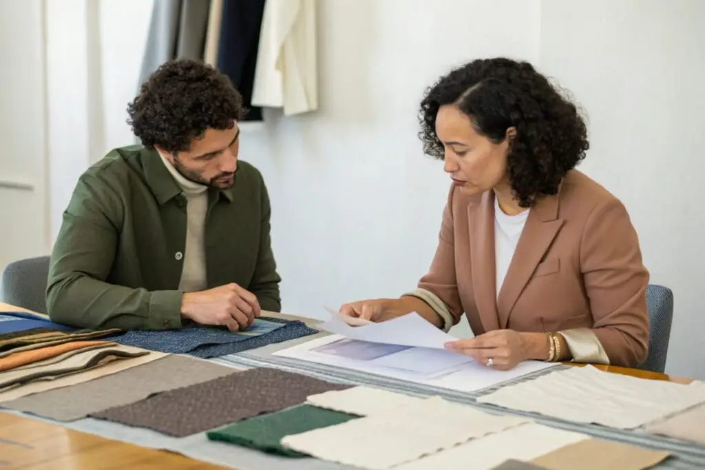 Fashion professionals reviewing fabric samples and design documents