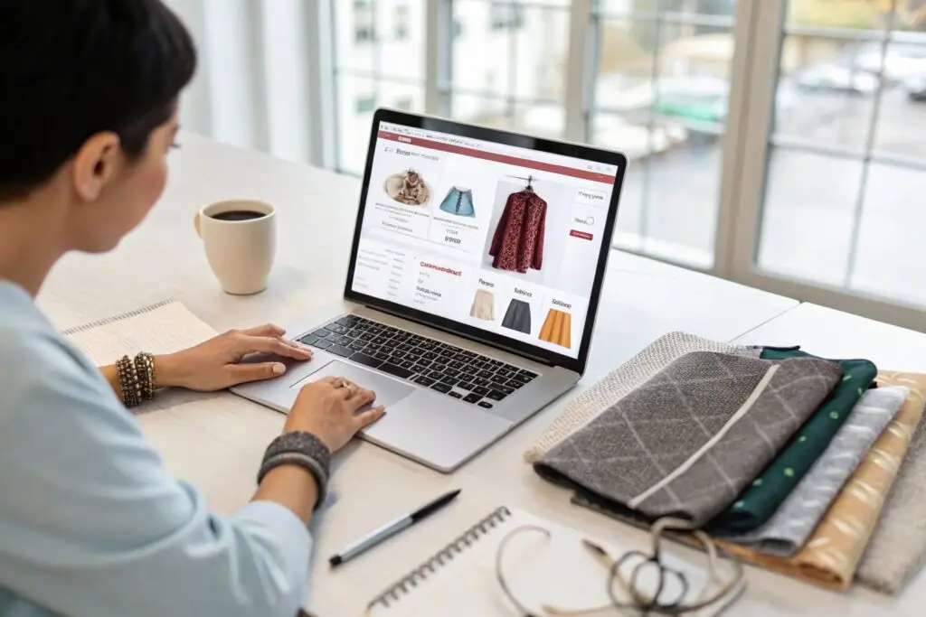 Fashion designer browsing fabric and clothing options online