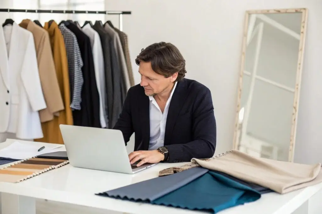 Fashion entrepreneur comparing fabric samples and customer profiles in an office setting