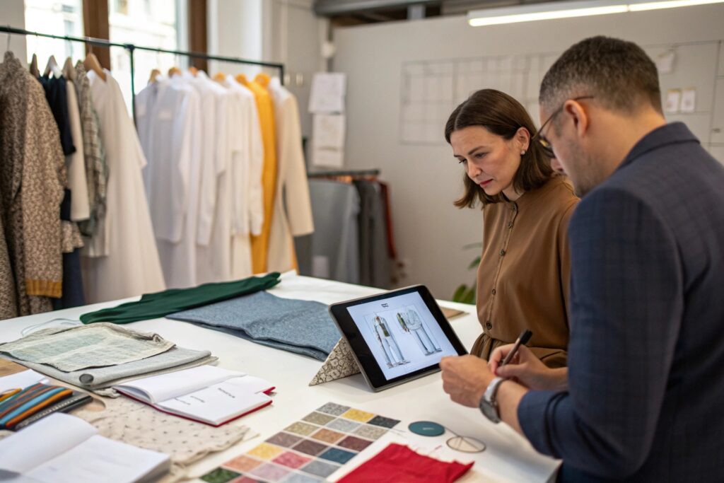 Fashion entrepreneurs discussing clothing production details