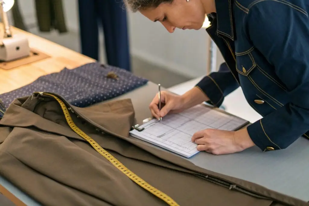 Garment inspector measuring and reviewing clothing quality