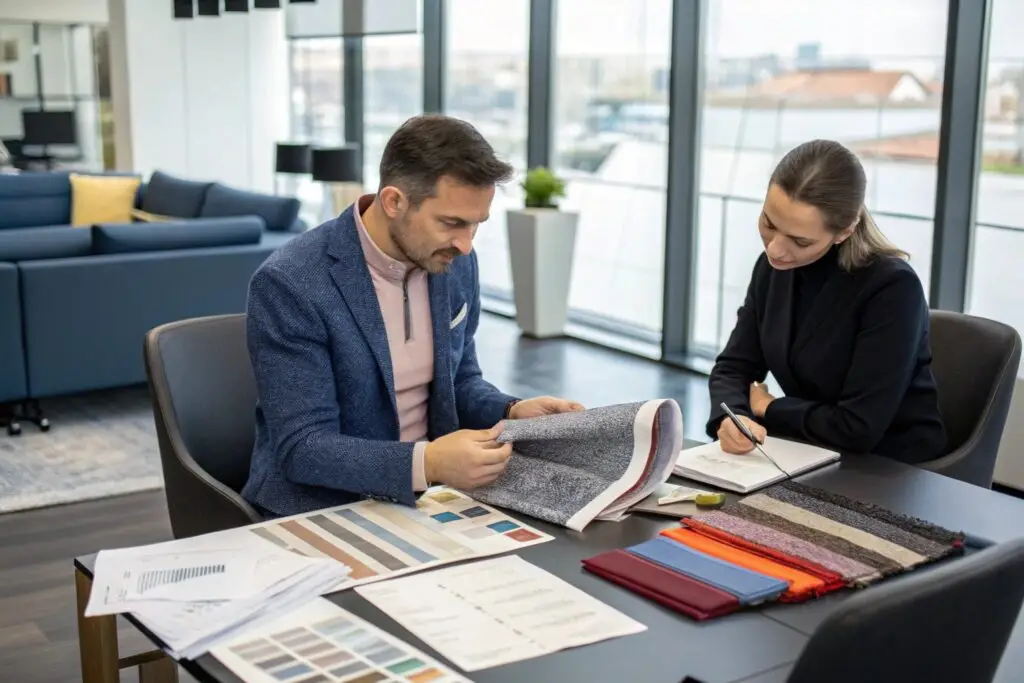 Fashion entrepreneur reviewing fabric samples