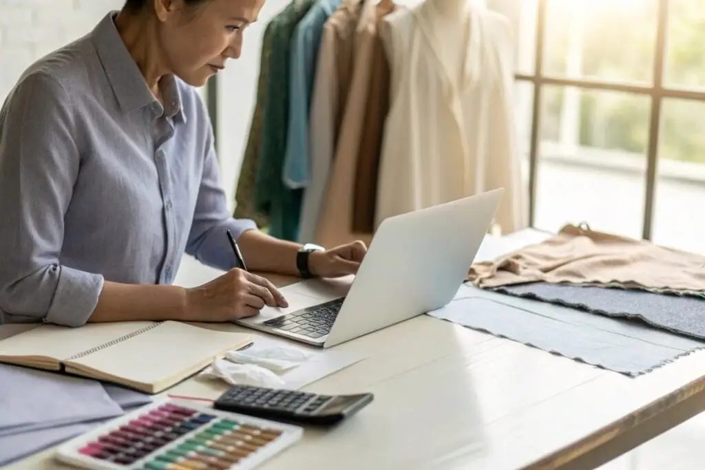 A fashion entrepreneur working on a laptop while sketching on paper, with fabric samples on the desk