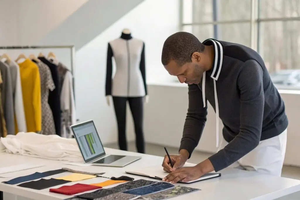 Fashion entrepreneur sketching athletic wear designs in a studio