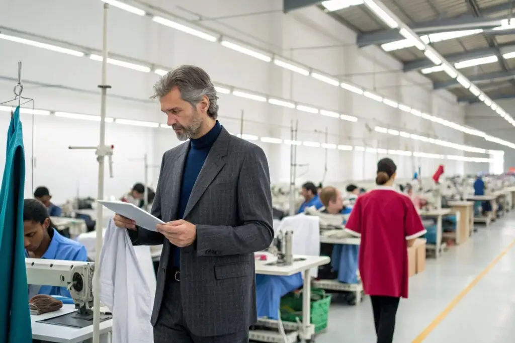 Factory manager inspecting clothing production in a garment factory
