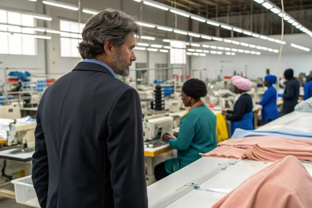 Businessman observing workers in garment sewing facility