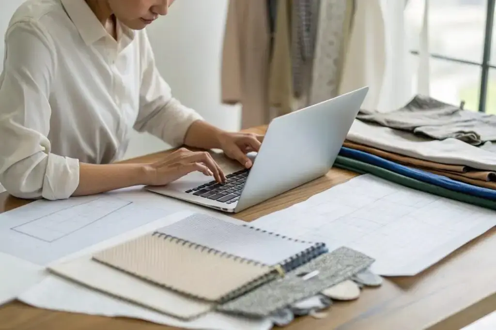 Fashion designer working on fabric selection and digital design