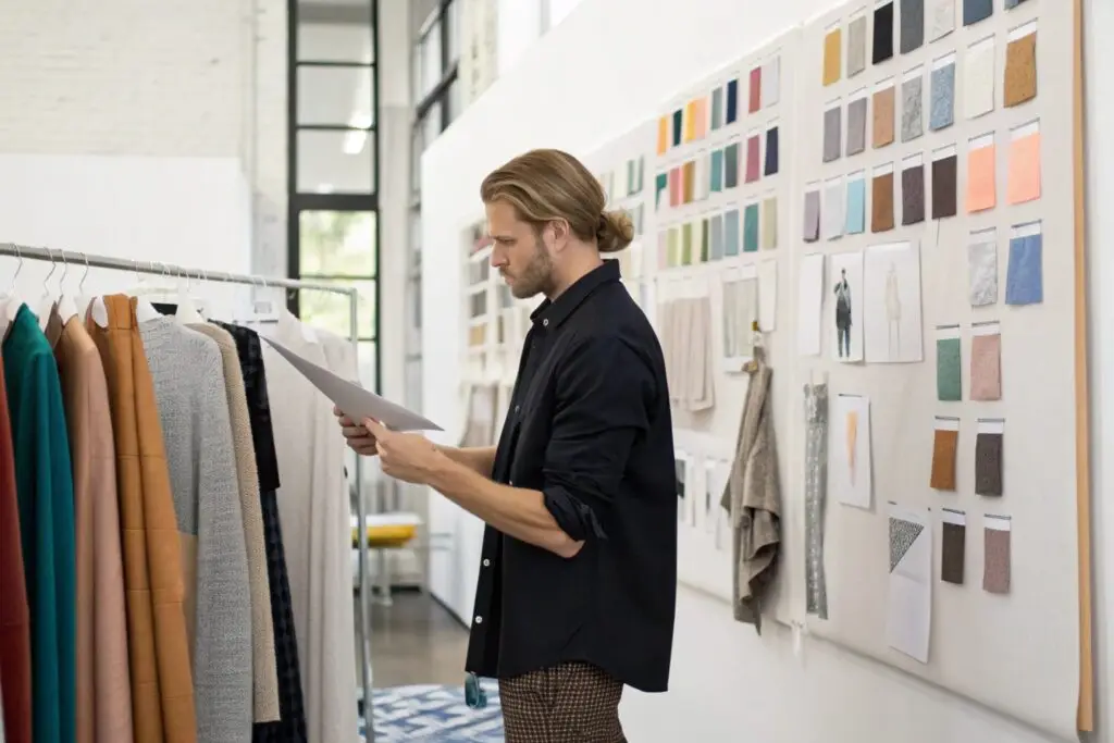 Fashion startup founder examining fabric swatches and garment samples for a new collection