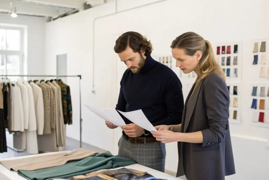 Two professionals reviewing garment samples in showroom