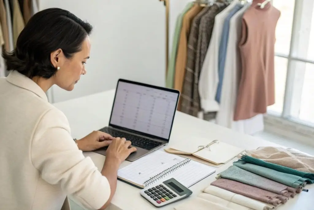 A fashion startup owner sitting at a desk, reviewing financial data on a laptop