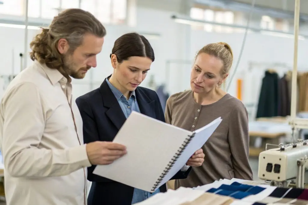 Fashion startup team discussing garment designs and order plans in the studio