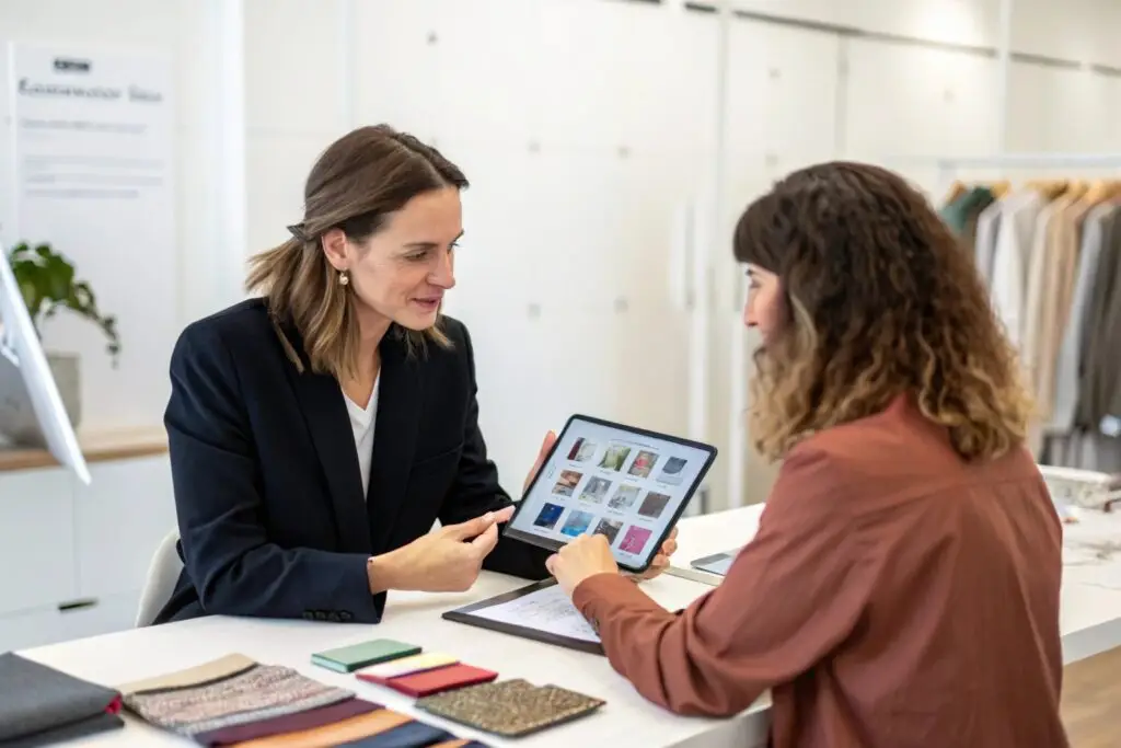 fashion buyer discussing custom design options on tablet with vendor