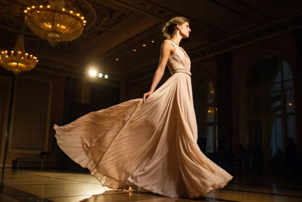 Elegant evening gown with flowing pleated skirt and embellished waistline