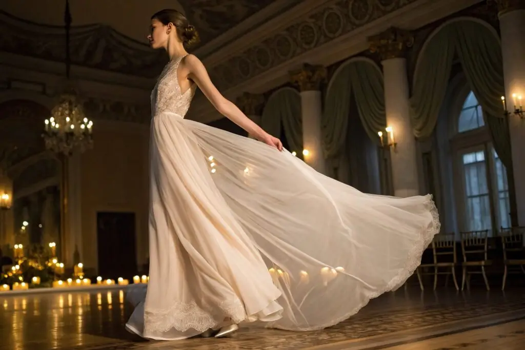 Elegant flowing bridal gown with lace detailing