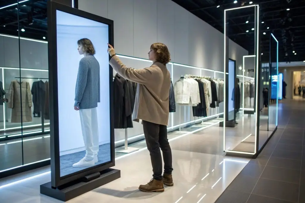Futuristic clothing store where a customer is using digital technology to try on clothes