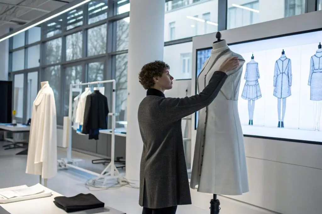 Futuristic fashion design studio where AI-powered technology is used for clothing design