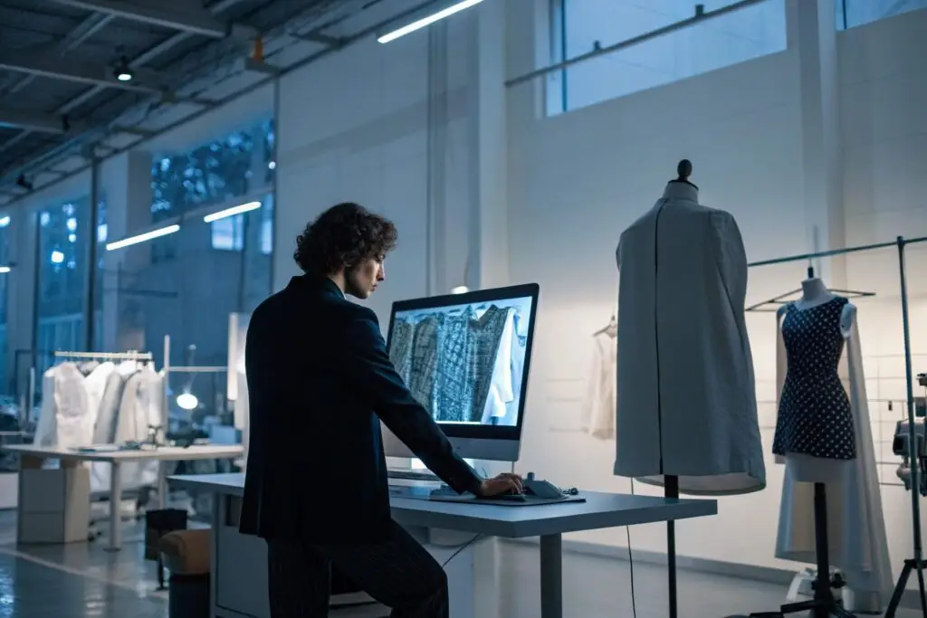 Fashion designer working with AI software in a modern studio, showcasing garments and designs
