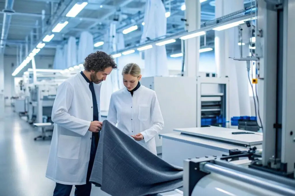 Textile engineers inspecting fabric in a high-tech laboratory