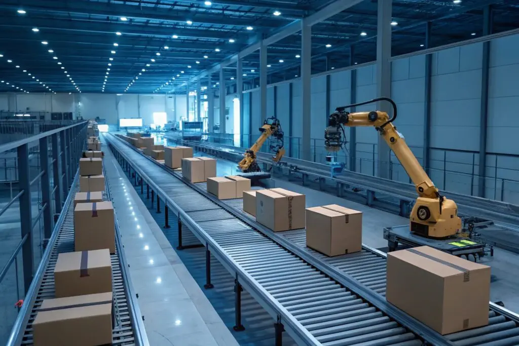 Automated warehouse with robotic arms handling packages