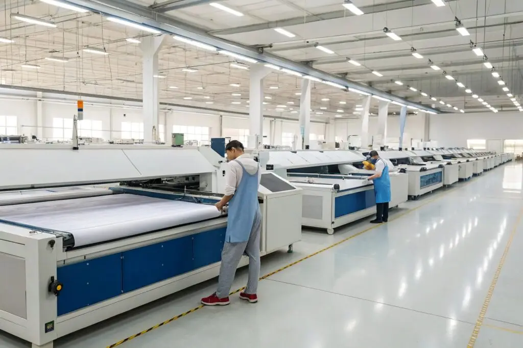 Workers operating automated fabric cutting machines