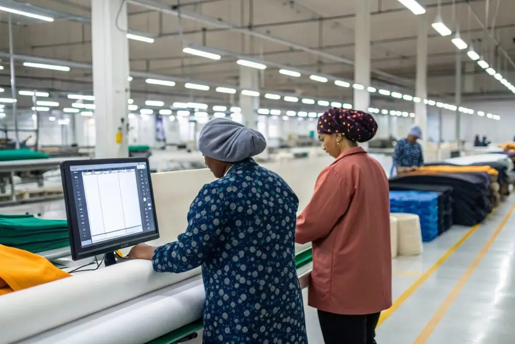 Workers using digital pattern making software in a garment factory