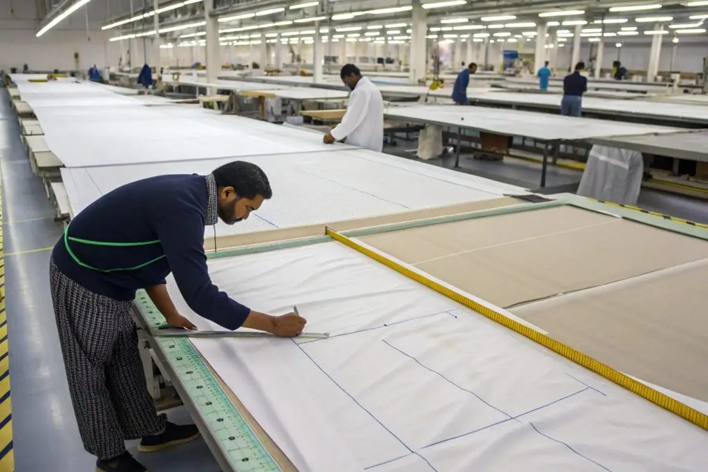 Workers measuring and cutting fabric in a garment factory